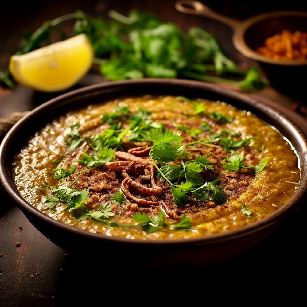 Hyderabadi haleem, lamb slow-cooked with wheat, barley and lentils, topped with fried onions